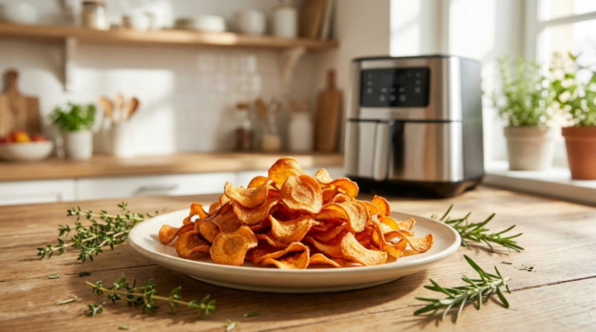 Chips de carottes air fryer croustillantes dorées dans une assiette