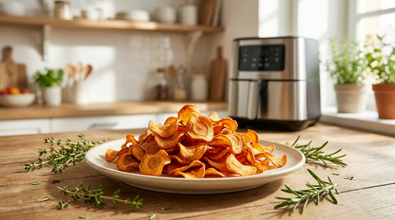 Chips de carottes air fryer croustillantes dorées dans une assiette