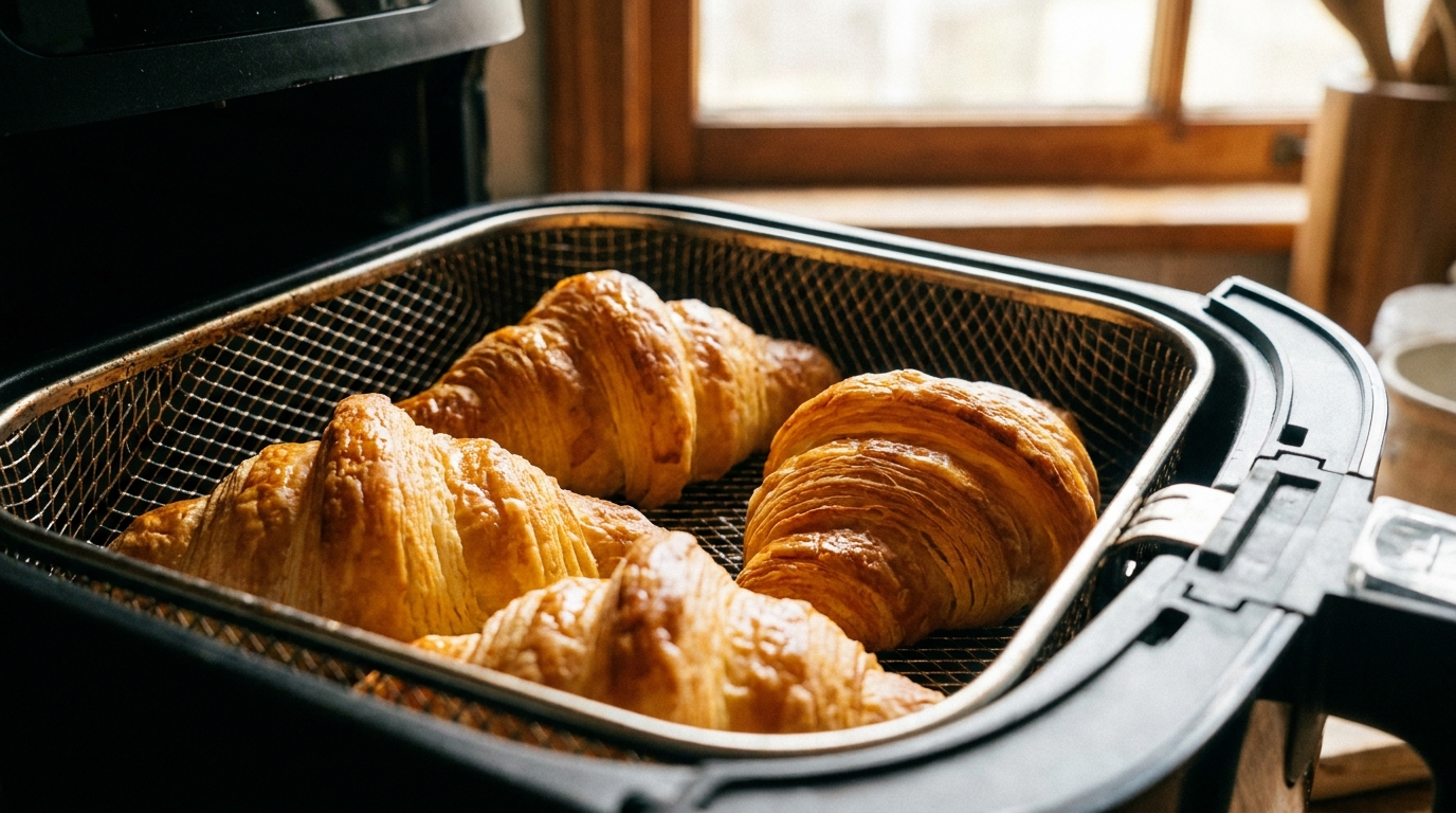Croissants dorés et croustillants en cuisson dans le panier de l'Airfryer