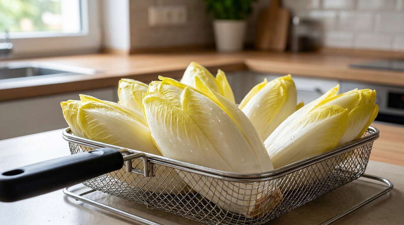 Endives arranged in an Air Fryer basket ready for cooking