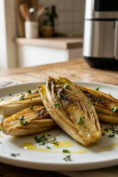 Endives air fryer croustillantes et fondantes dans un plat, photo gourmande