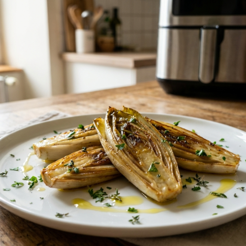 Endives air fryer croustillantes et fondantes dans un plat, photo gourmande