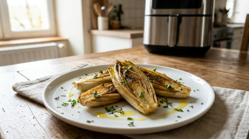 Endives air fryer croustillantes et fondantes dans un plat, photo gourmande