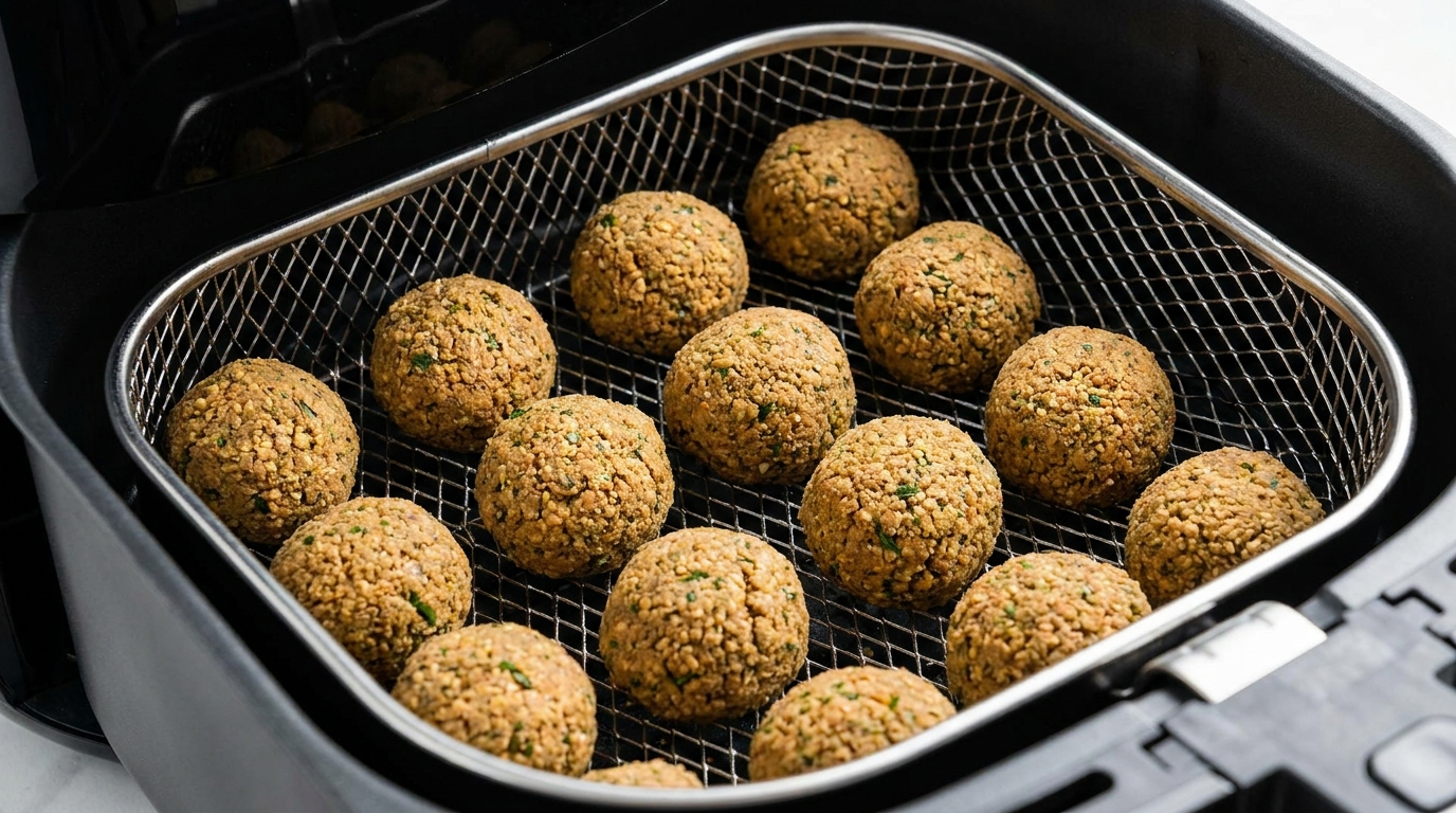 Falafels placed in an Air Fryer basket ready to be cooked without oil