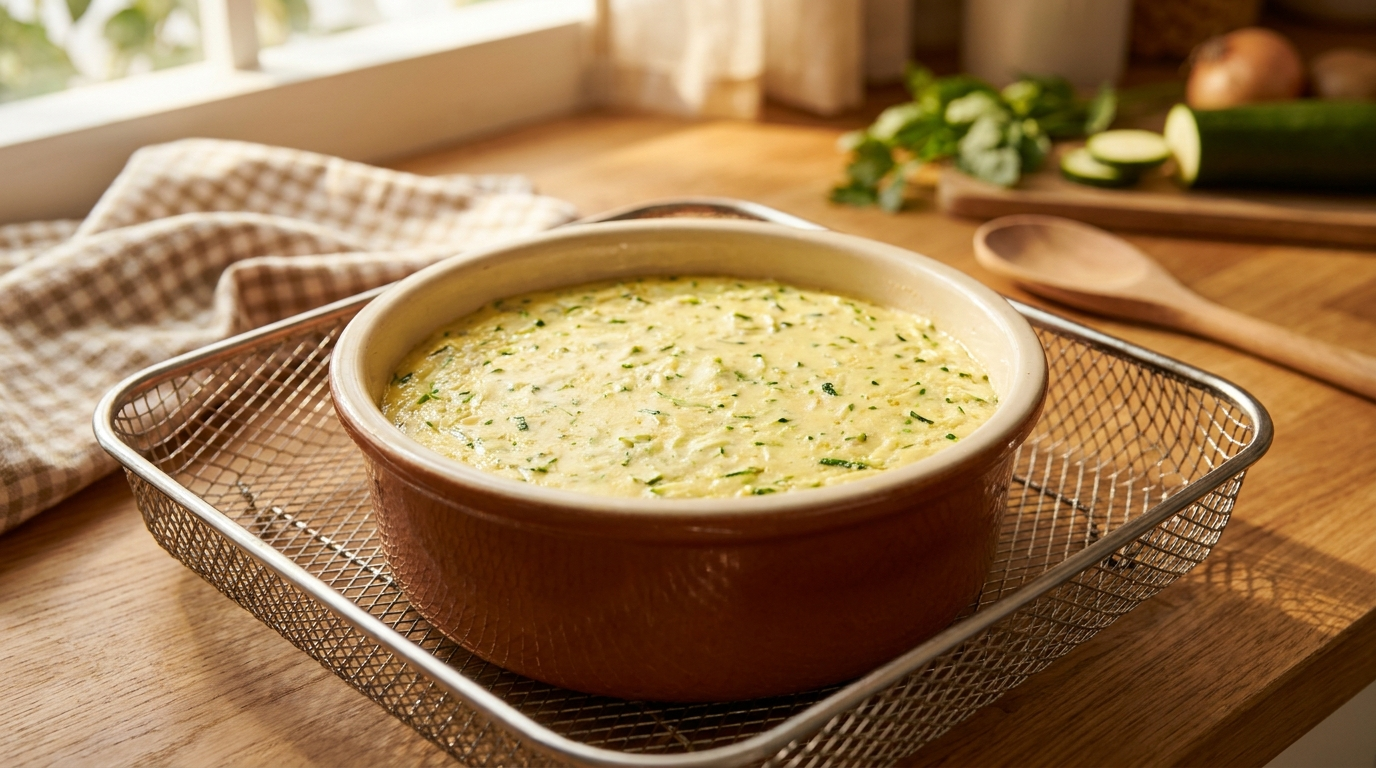 Zucchini flan mixture in round mold inside Air Fryer basket before cooking
