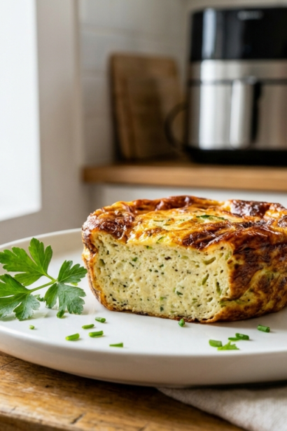 flan de courgette air fryer doré et appétissant sur une assiette blanche