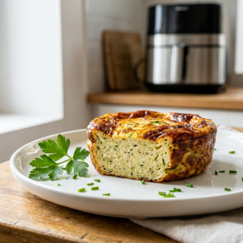 flan de courgette air fryer doré et appétissant sur une assiette blanche