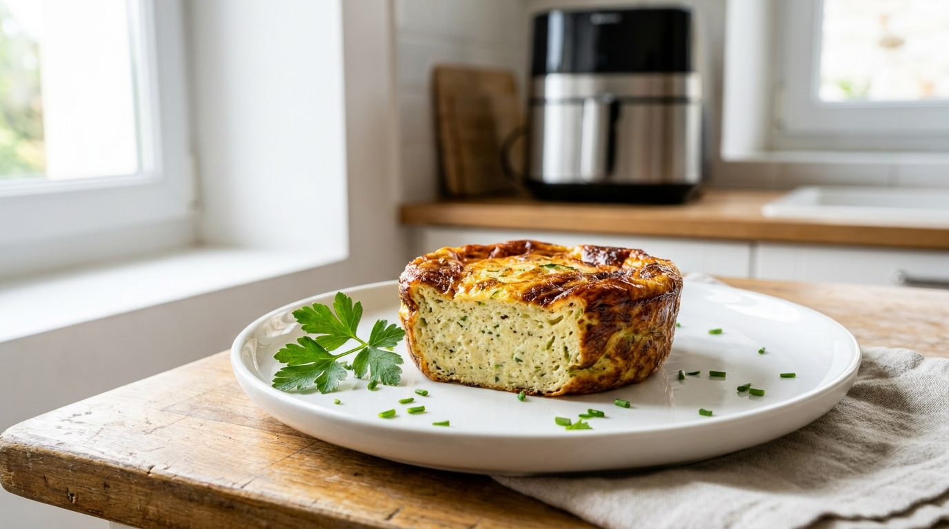 flan de courgette air fryer doré et appétissant sur une assiette blanche