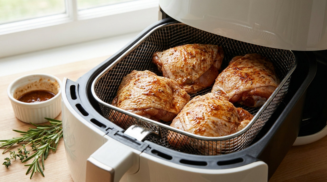 Chicken thighs arranged in an air fryer basket before cooking