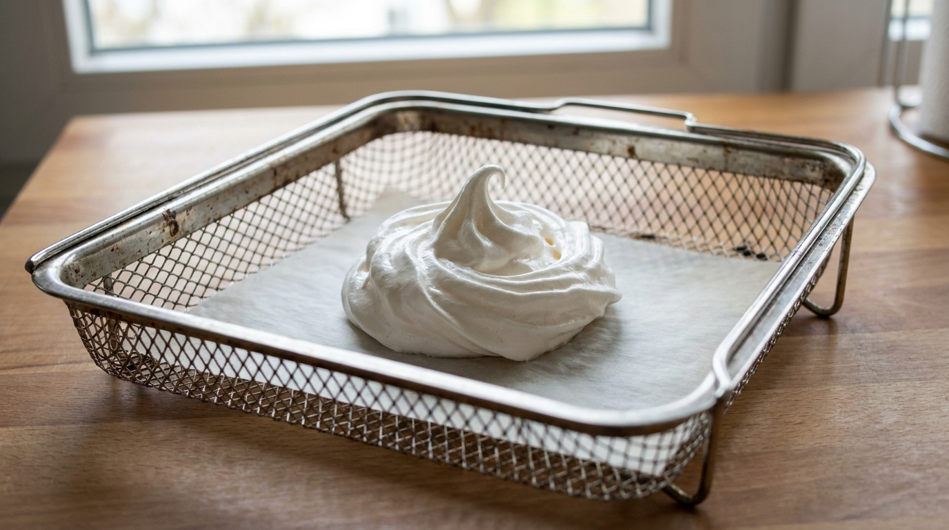 Fresh meringue in air fryer basket ready to be cooked