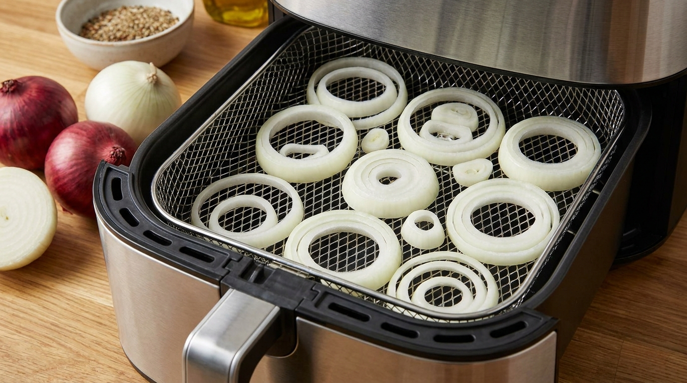 Oignons frits coupés en rondelles dans le panier d'un air fryer prêts à la cuisson