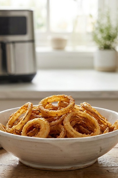 Oignons frit air fryer croustillants dorés dans un panier