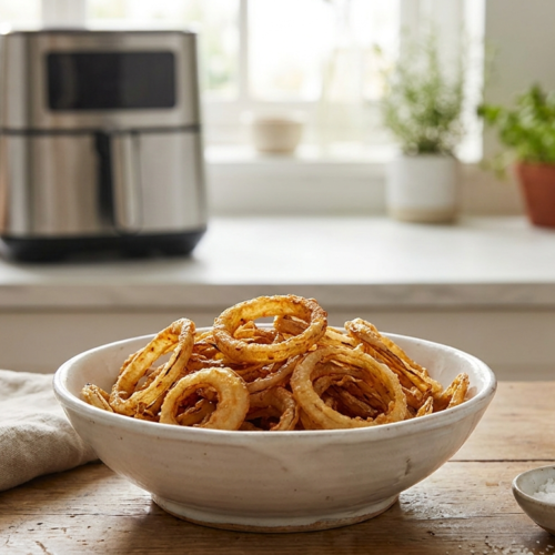 Oignons frit air fryer croustillants dorés dans un panier