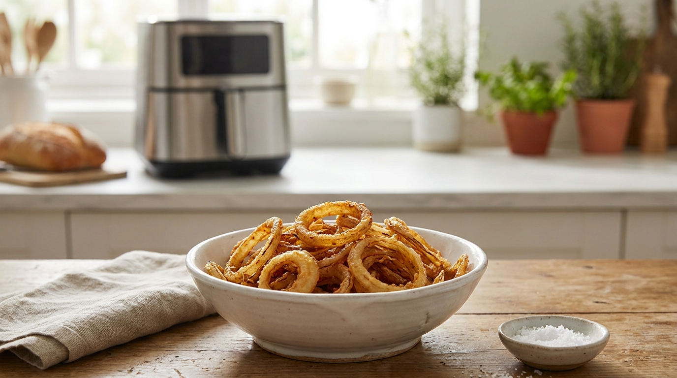 Oignons frit air fryer croustillants dorés dans un panier