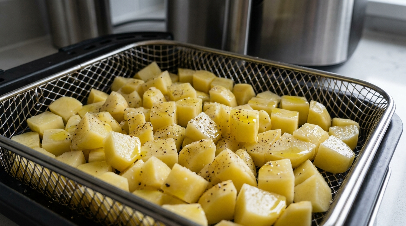 Diced raw potatoes in an Air Fryer basket ready for cooking with a light coating of oil.