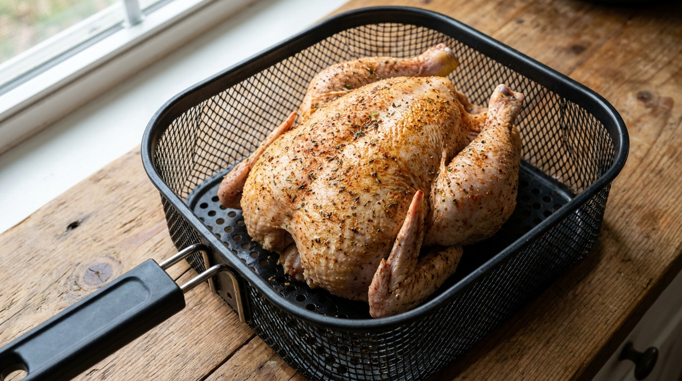 Whole chicken seasoned placed inside an Air Fryer Ninja basket ready for cooking
