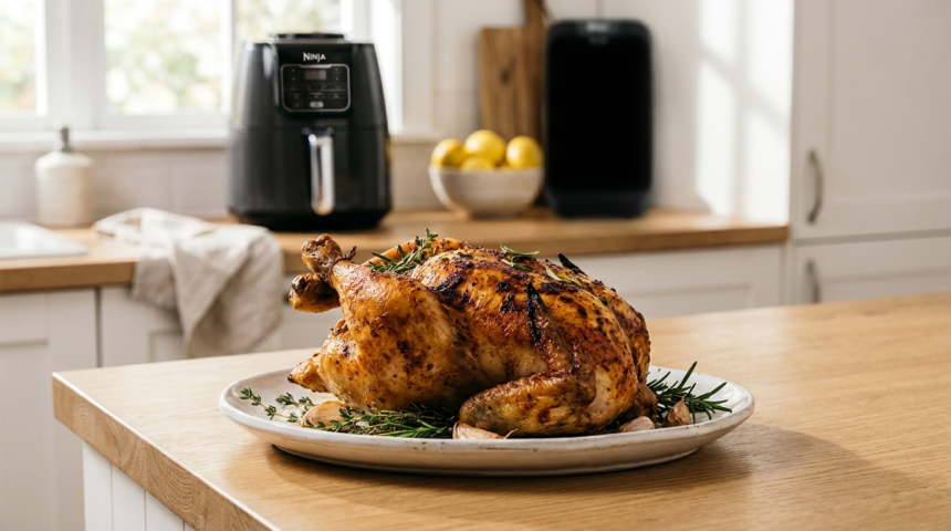 Poulet entier air fryer ninja croustillant et doré à l'extérieur