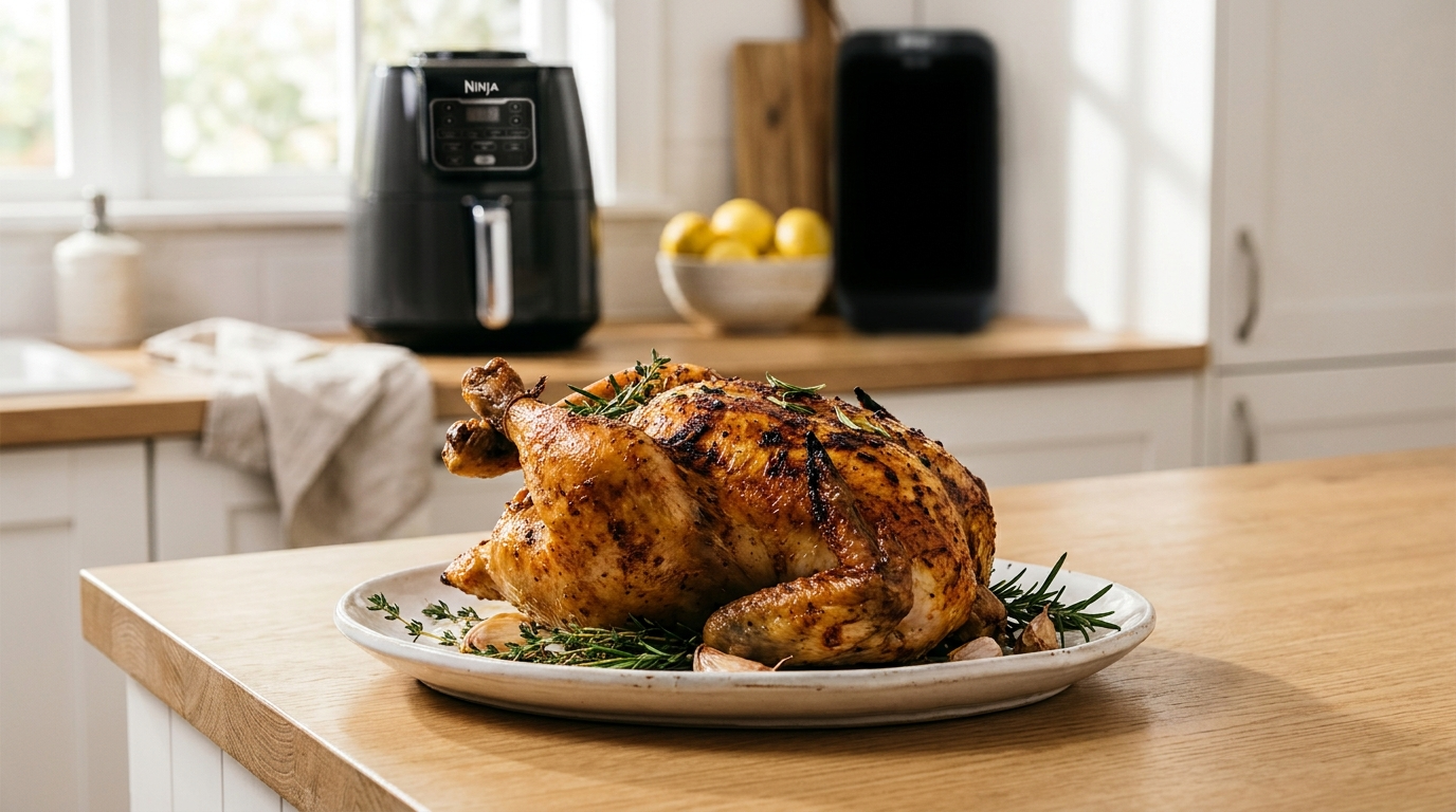 Poulet entier air fryer ninja croustillant et doré à l'extérieur