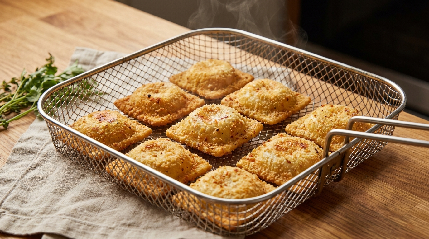 Golden crispy raviolis in air fryer basket freshly cooked showing perfect crispiness