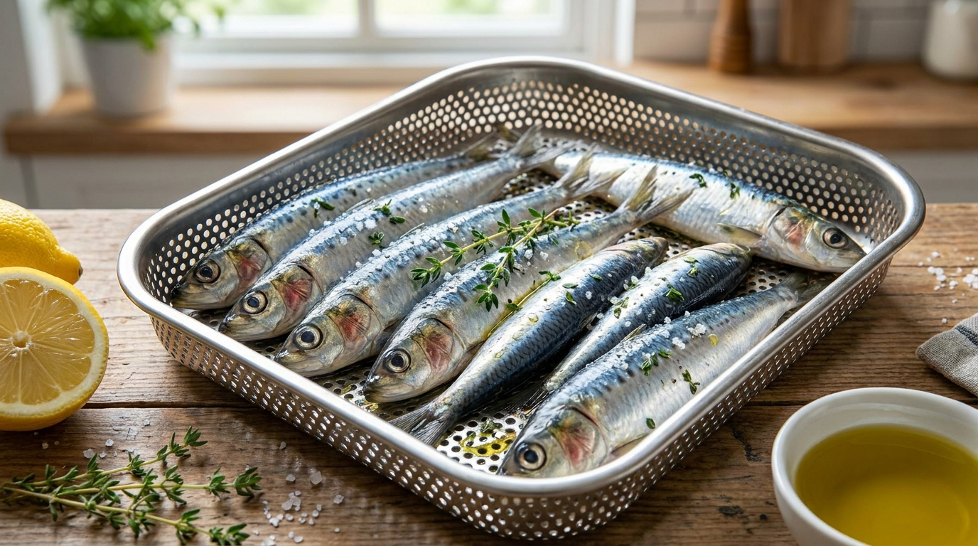 Fresh sardines arranged in an air fryer basket ready for cooking