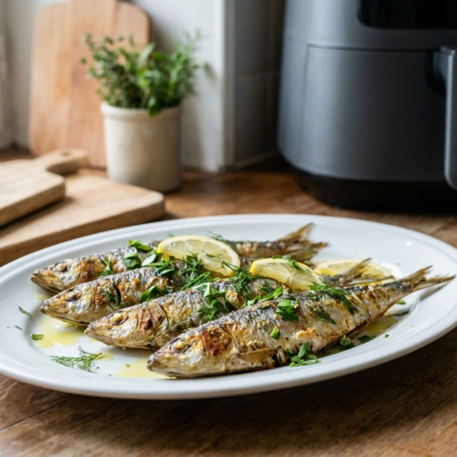 Sardines air fryer croustillantes parfaitement dorées et appétissantes dans un panier d'air fryer