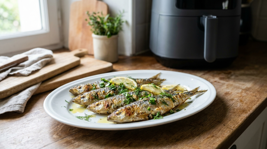 Sardines air fryer croustillantes parfaitement dorées et appétissantes dans un panier d'air fryer