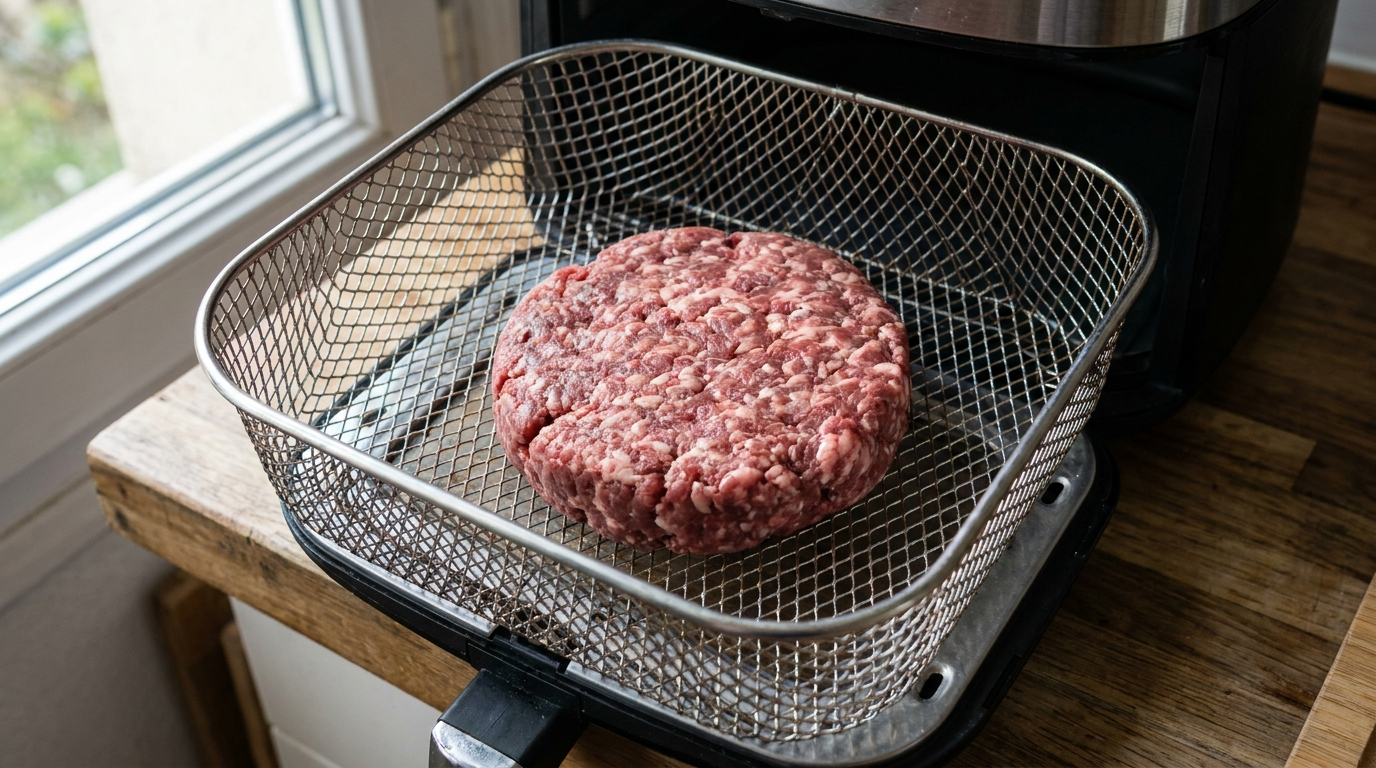 Steak haché cru dans le panier de la friteuse à air