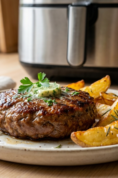 Steak haché au airfryer croustillant et doré prêt à être dégusté
