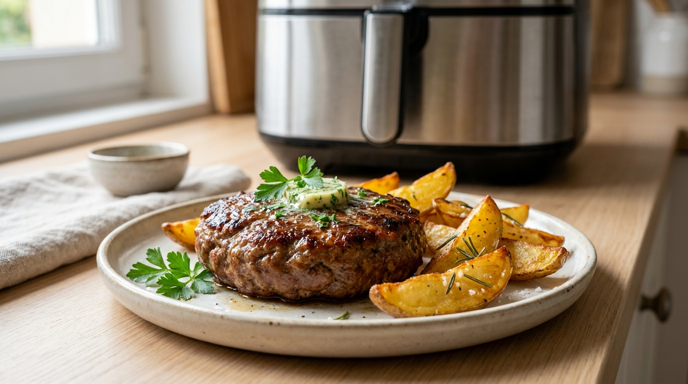 Steak haché au airfryer croustillant et doré prêt à être dégusté