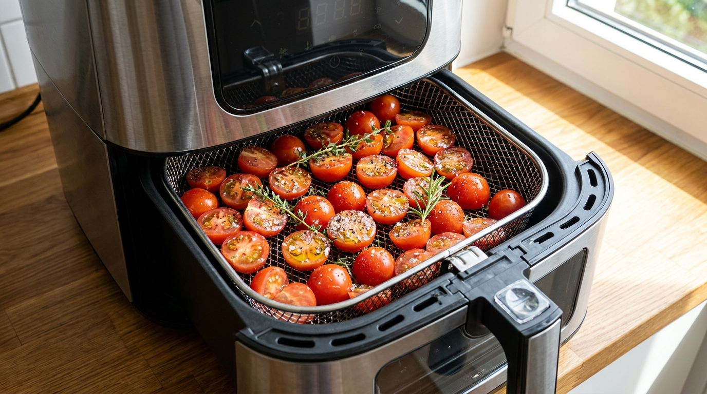 Tomates cerises assaisonnées dans le panier d'un air fryer prêtes à être cuites
