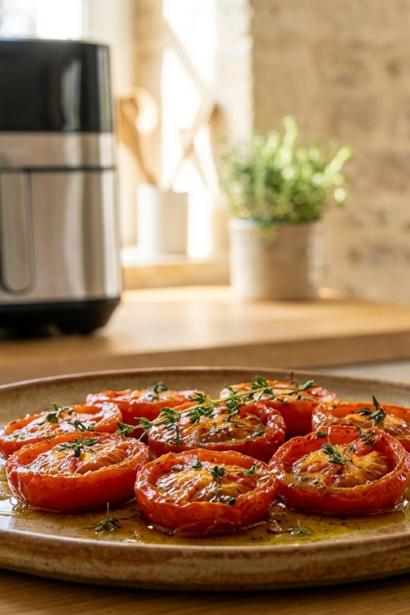 Tomates confites air fryer avec une texture fondante et légèrement caramélisée