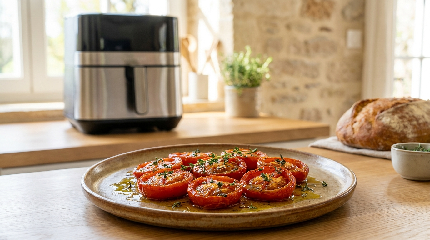 Tomates confites air fryer avec une texture fondante et légèrement caramélisée