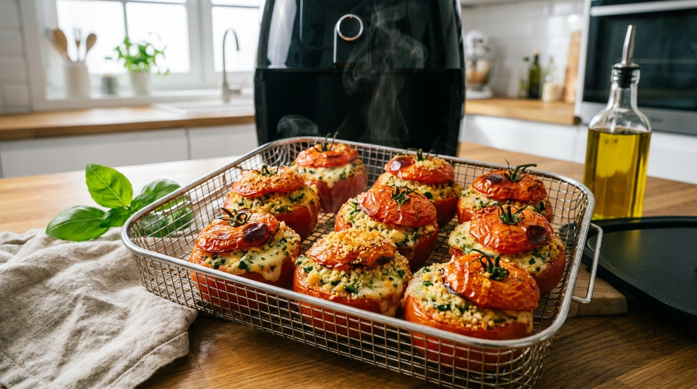 Tomates farcies disposées dans le panier de l'Air Fryer avant cuisson