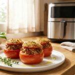 Tomates farcies air fryer joliment dorées et moelleuses dans un panier d'Air Fryer