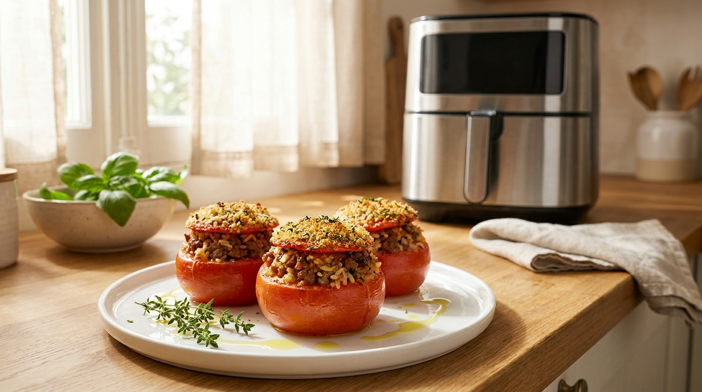 Tomates farcies air fryer joliment dorées et moelleuses dans un panier d'Air Fryer