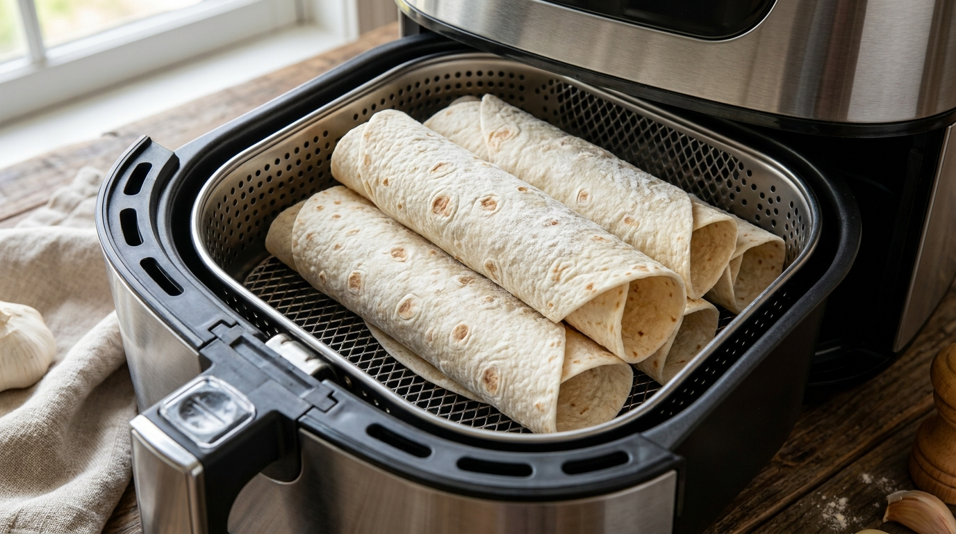 Wraps arranged inside Air Fryer basket before cooking