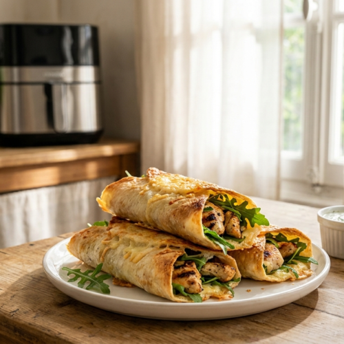 Wrap au Air Fryer croustillant, doré et appétissant avec garniture visible