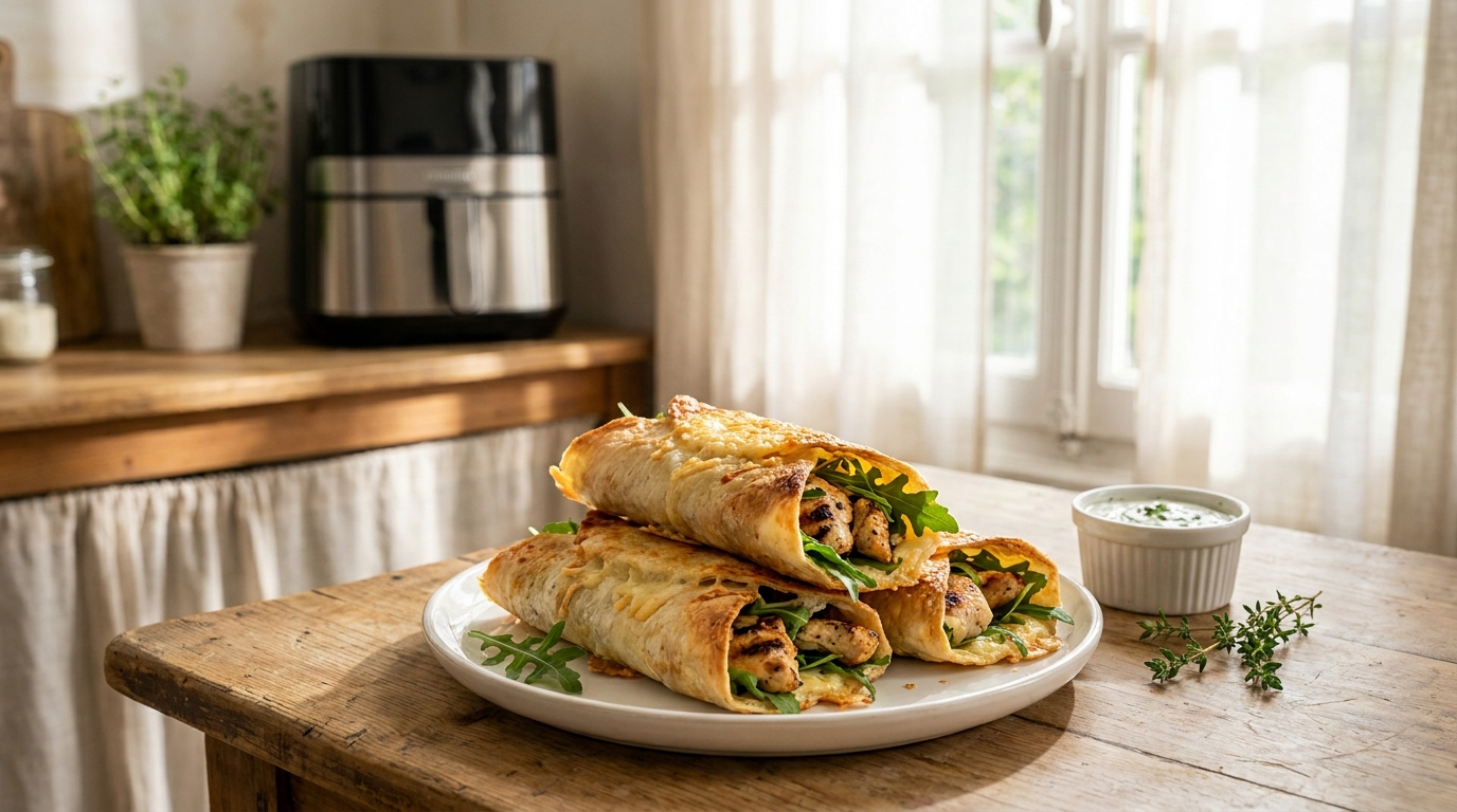 Wrap au Air Fryer croustillant, doré et appétissant avec garniture visible